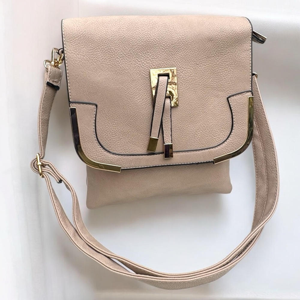 Taupe with Gold Accents Flap Crossbody Bag